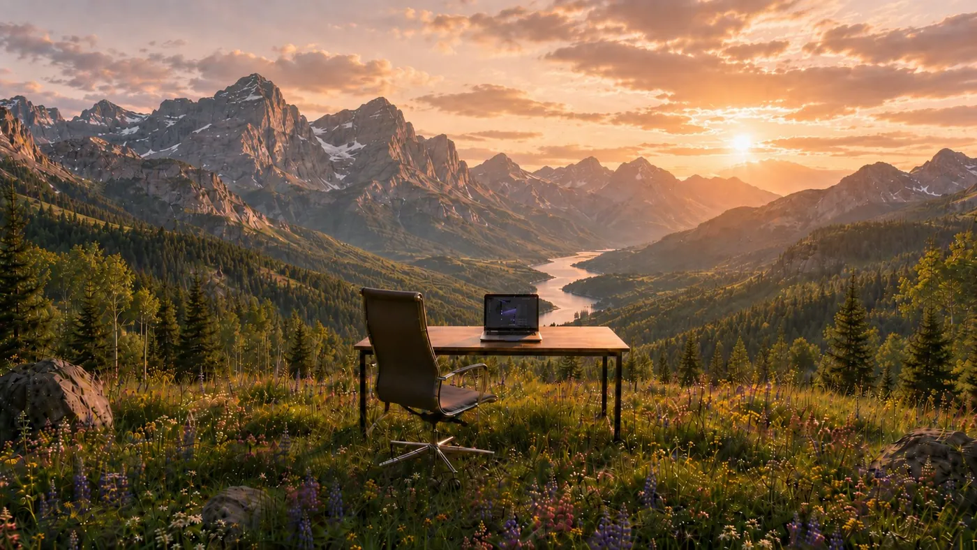 Mountain valley at sunset with a desk and laptop overlooking a river and wildflower meadow